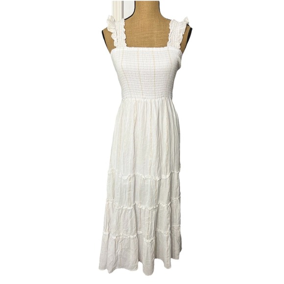 Ultra Flirt White Smocked Maxi Dress Gold Stripe Tiered Sundress Juniors M - Picture 3 of 15